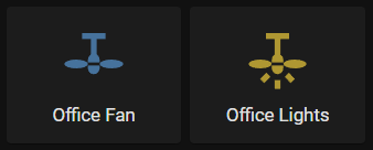 Home Assistant dashboard (dark mode) illustration for independent control of office fan and office lights, with office fan in 'off' state and office lights in 'on' state.