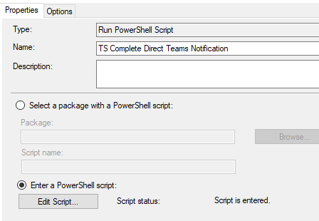 Screen snip of Task Sequence Run Powershell Script Step