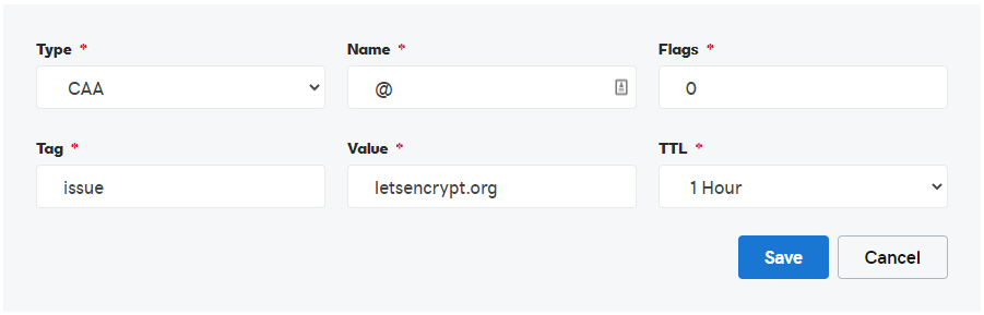 DNS CAA Record form screenshot